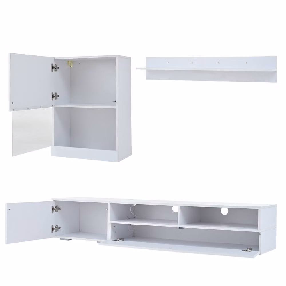 Tokpiedi Modern 3 Piece White Glossy Entertainment Centre with Wall Shelf – 4