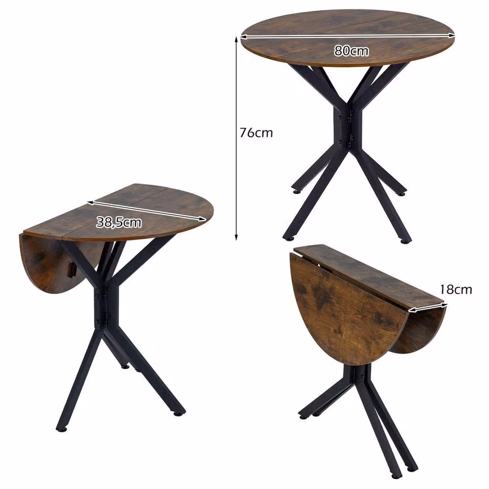 VOGREX Round Drop Leaf Dining Table in Brown, Diameter: 80 cm, H x W x D: 76 x 80 x 80 cm – 2