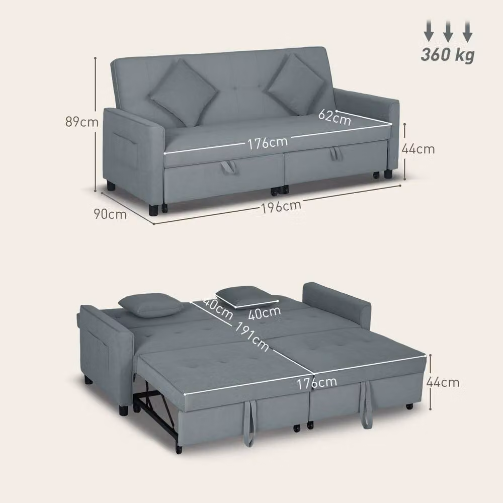 Wyld Haus Senosa 3 Seater Grey Velvet Click Clack Convertible Sofa Bed with Solid Wood Frame and Scatter Cushions, W/D/H: 196 x 89 x 90 cm – 3