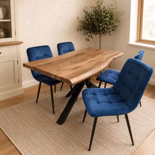 Kosy Koala Modern Dining Set with X-Shaped Live Edge Table and 4 Blue Velvet Tufted Chairs, W/D/H: 140 x 80 x 75 cm