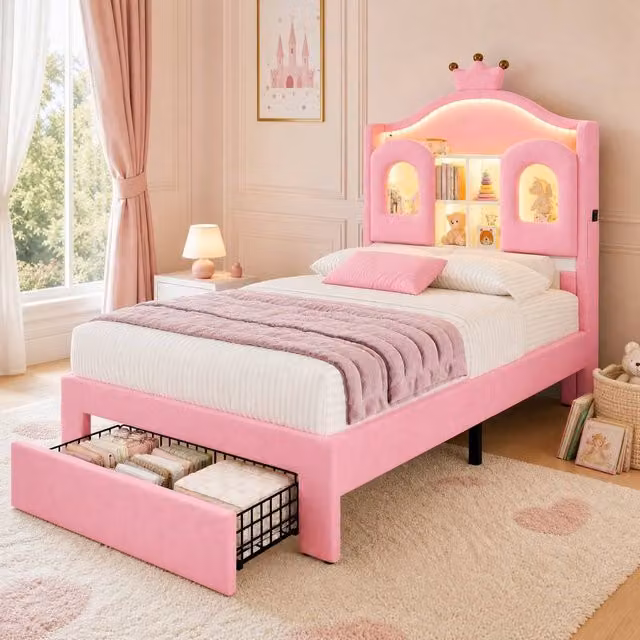 STILVORA Pink Velvet Single Upholstered Bed Frame with Storage Drawers, LED Lighting and USB Charging Port, W/D/H: 90 x 190 cm – 1