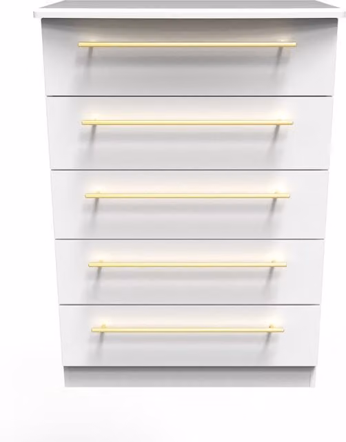Haworth Ready Assembled 5 Drawer Chest in White Ash with Gold Accents