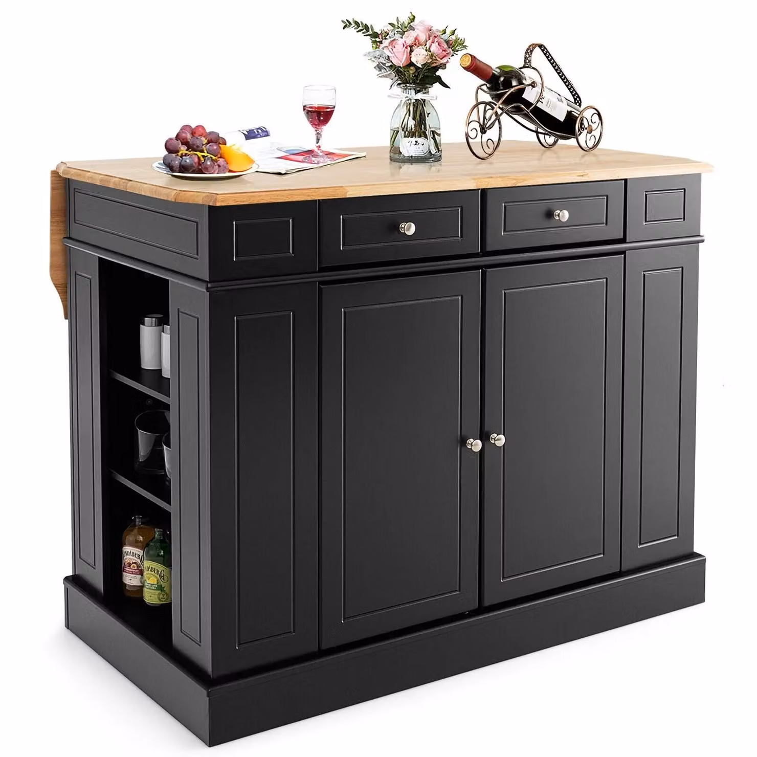 Gymax Modern Kitchen Island Cupboard with Drop Leaf Countertop and 2-Door Rubberwood Cabinet in Black – 4
