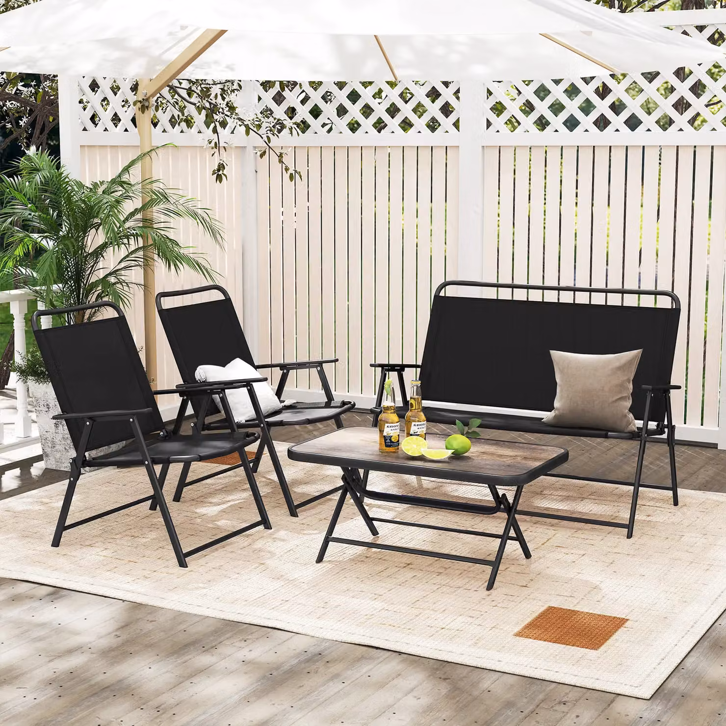 Costway 4 Piece Outdoor Conversation Set with Powder Coated Steel Metal Frame and Upholstered Cushions in Black – 5