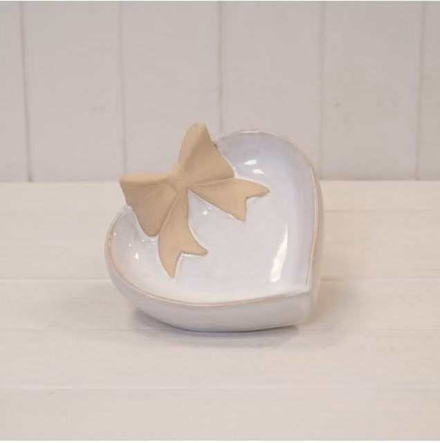 KDMD Heart Shaped Shallow Dish with Unglazed Bow Design in White