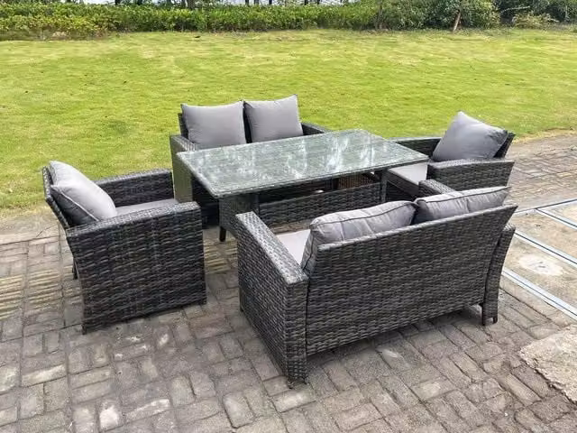 Fimous 6 Seater Dark Grey Rattan Outdoor Dining Set with High Back Armchairs and Love Sofa