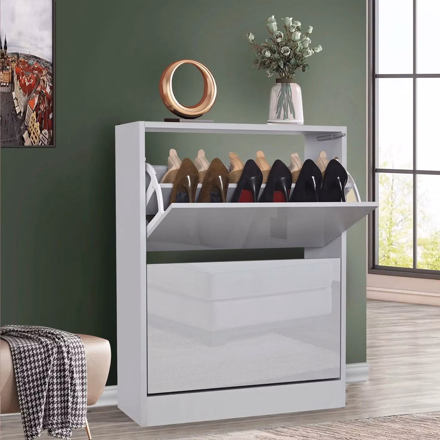 Modern High Gloss Slim Shoe Storage Cabinet in Grey with Push to Open Tilting Compartments