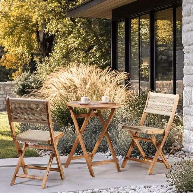 Wyld and Coco Set of 2 Beige Acacia Wood Folding Garden Chairs with Rope Detail