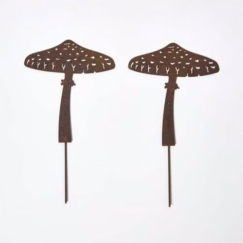 Homescapes Set of 2 Brown Rustic Metal Parasol Mushroom Garden Stakes