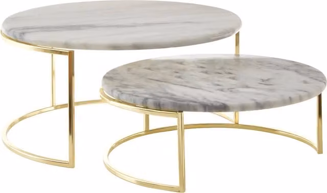 Orsina Set of 2 Round White Veined Marble Cake Stands with Brass Finish, W/D/H: 30 x 30 x 15 cm