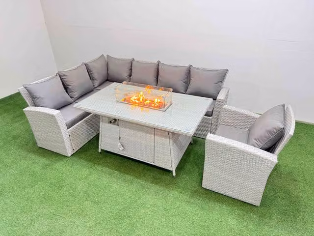 Fimous 7 Seat Rattan Garden Furniture Set with L-Shape Corner Sofa, Armchairs and Gas Fire Pit Table in Light Grey