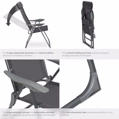 tectake Set of 4 Folding Garden Chairs with Adjustable Backrest and Head Cushions in Anthracite Grey – 6