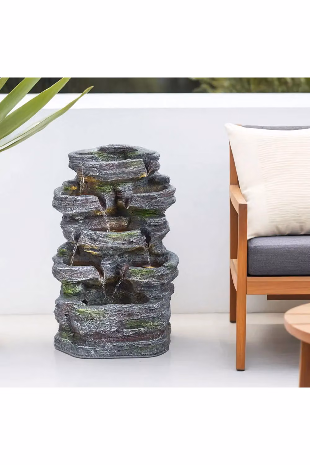 H&O Direct Solar Powered Outdoor Faux Rock Cascade Water Fountain with Lights in Grey and Green, W/D/H: 45.0 x 28.0 x 45.0 cm – 2