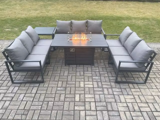 Fimous 9 Seater Aluminium Garden Furniture Set with Gas Fire Pit Dining Table and Side Table in Dark Grey