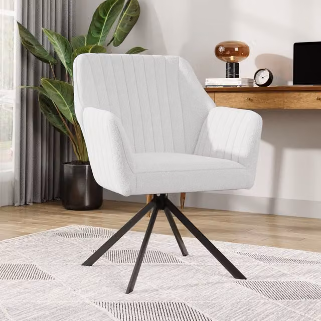 Komore Modern White Bouclé Fabric Swivel Lounge Chair with Armrests and Metal Legs