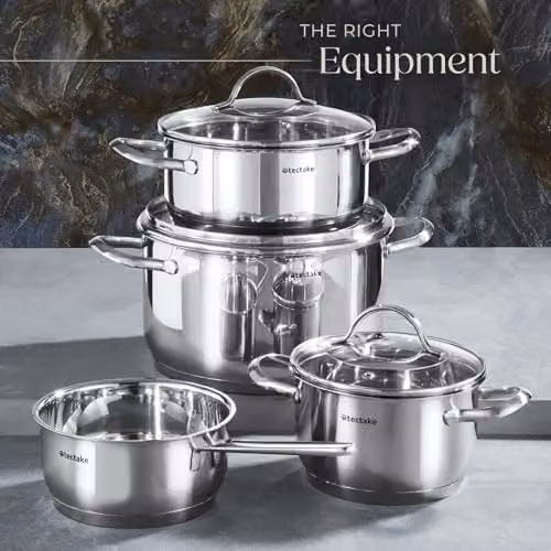 tectake Bologna 7-Piece Stainless Steel Saucepan and Pot Set with Glass Lids in Silver – 6