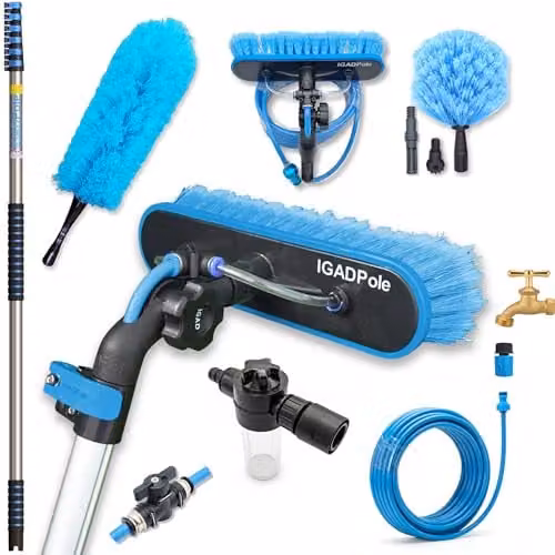 IGAD 30ft Telescopic Water-Fed Solar Panel and Window Cleaning Pole Kit in Blue with Brush and Soap Dispenser – 1