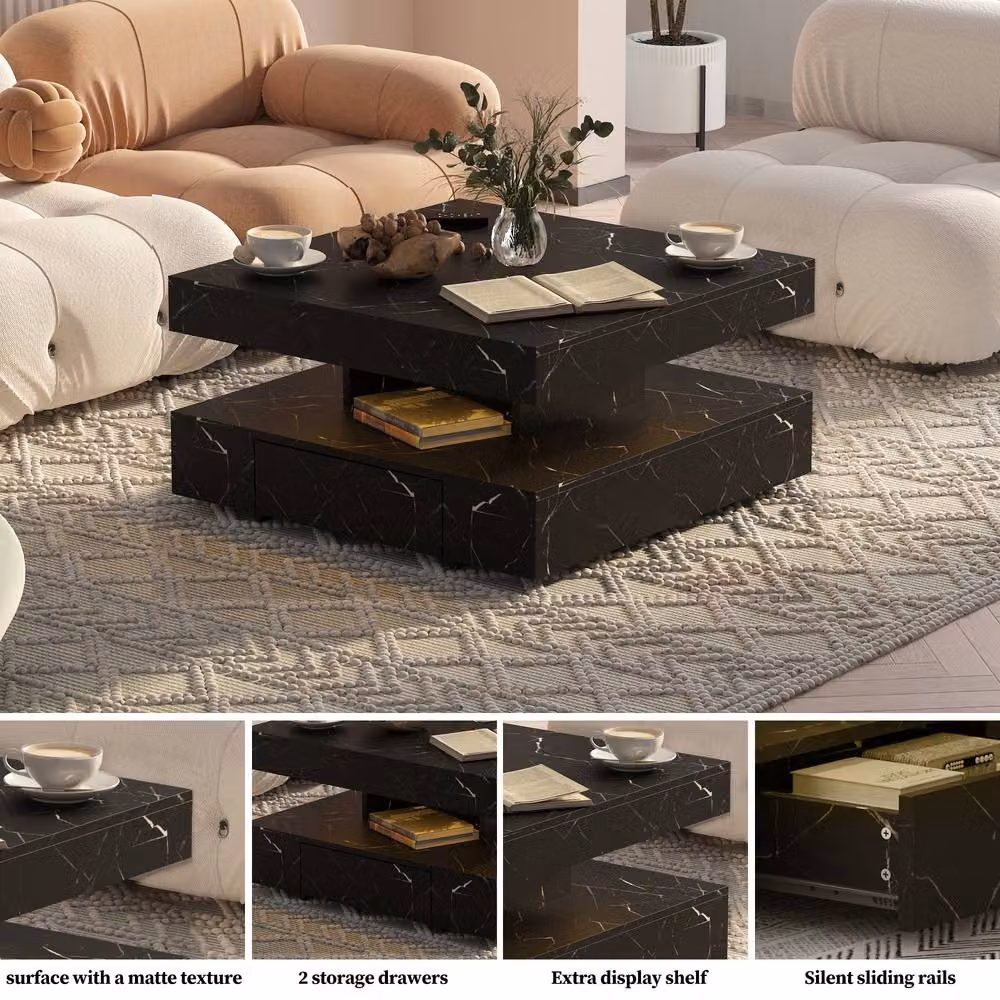 KEEPREAPER Modern Sleek LED Coffee Table with 2 Storage Drawers in Black Marble Finish – 5