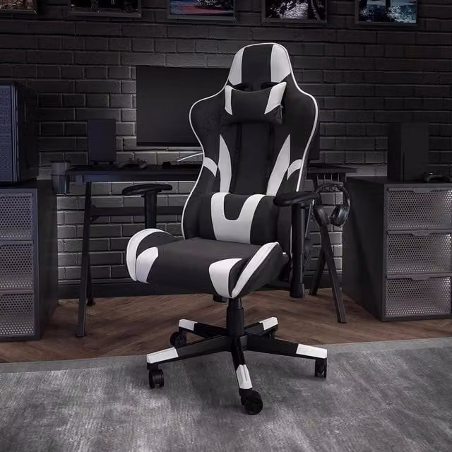 FWStyle Black and White Faux Leather Bucket Seat Racer Gaming Chair with Headrest and Armrests