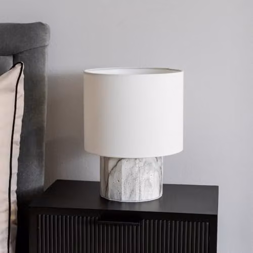 ValueLights Melanie White Marble Effect Table Lamp with White Fabric Cylinder Shade – 2