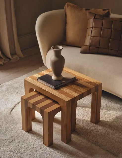 M&S Striped Nest of Square Tables in Natural Oak and Walnut Wood, Brown Multicolour Matt Finish
