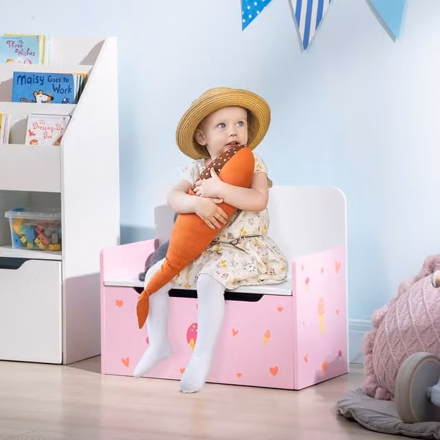 ZONEKIZ 2 in 1 Wooden Kids Toy Box and Storage Bench with Soft Close Lid in Pink