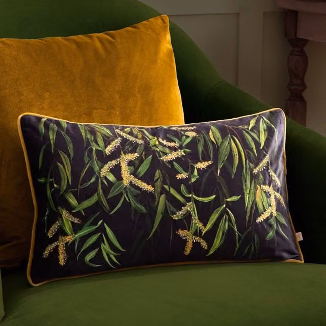 Wylder Nature Braywick Willow Velvet Piped Cushion in Green and Multicolour, W: 50 cm, H: 30 cm, D: 30 cm