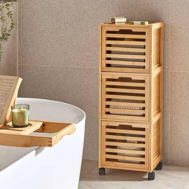 Wyld and Coco 3 Drawer Bamboo Bathroom Trolley in Light Brown with Rubber Wheels – 1