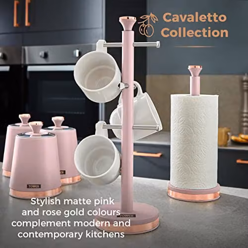 Tower Cavaletto Freestanding Mug Tree with Stainless Steel Stoppers and Anti-Slip Base, Pink and Gold, H 13.5 cm x W 13.5 cm x D 43.5 cm – 5