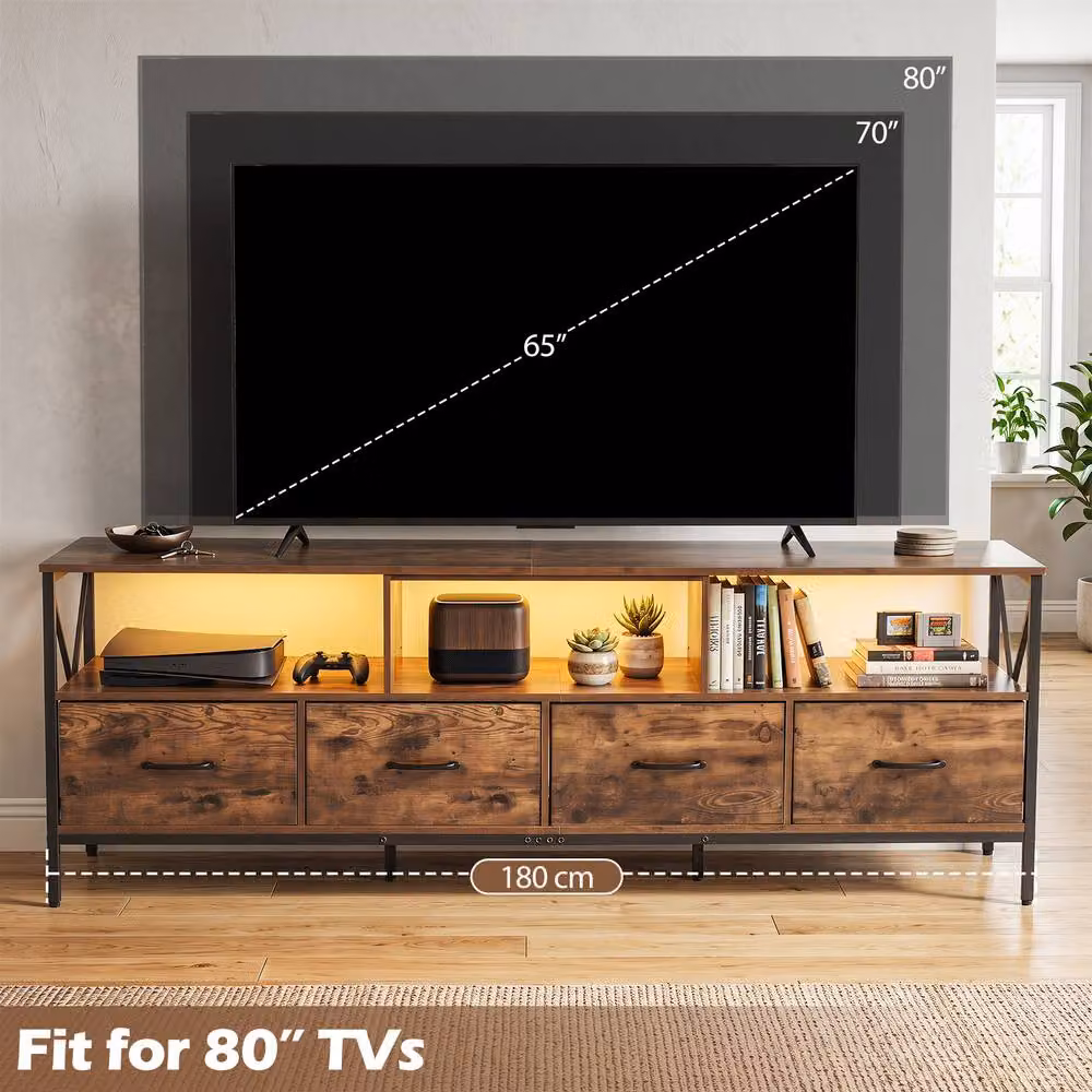 Gymax LED Entertainment Center for up to 80 inch TVs with 4 Drawers, Brown – 3