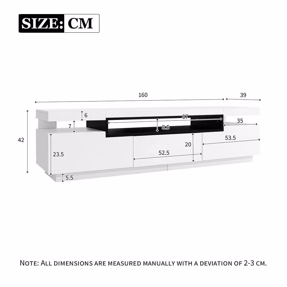 ModernLuxe High Gloss White TV Cabinet with LED Lights, 3 Drawers and Open Storage, W/D/H: 160 x 41.4 x 39 cm – 3
