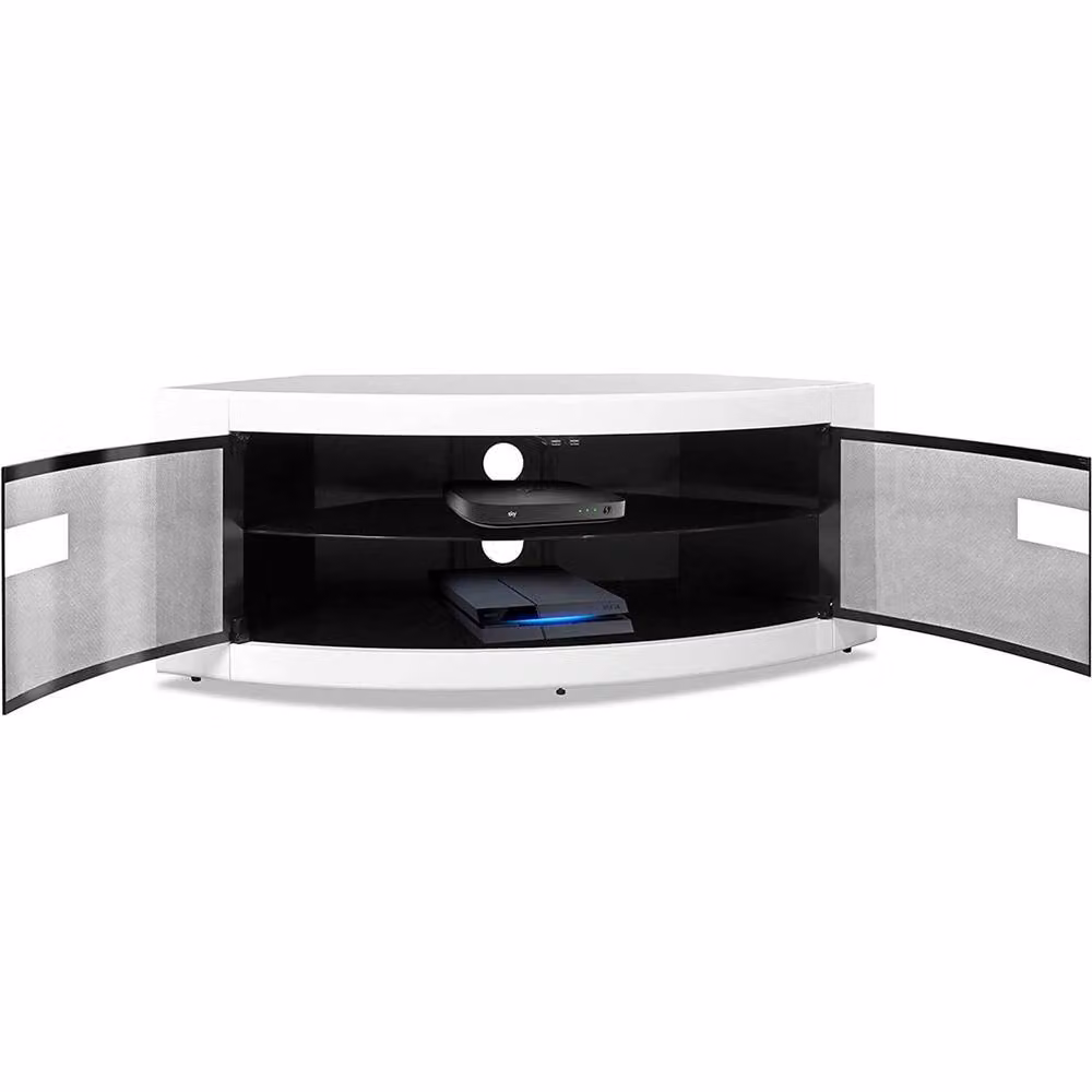 Centurion Supports PANGEA Gloss White Beam-Thru Curved Tru-Corner TV Cabinet for 32-55 inch Screens W/D/H: 118 x 45 x 45 cm – 3
