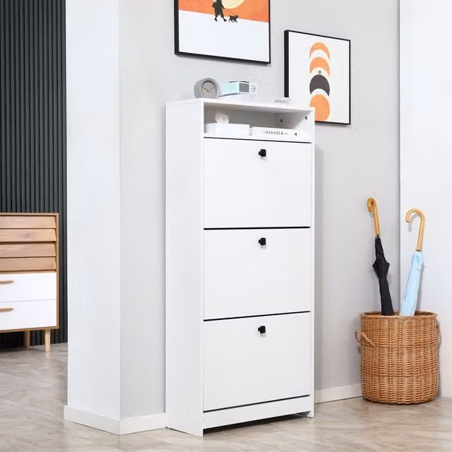 HOMCOM Modern White Shoe Storage Cabinet with 3 Tilting Compartments and Internal Shelves