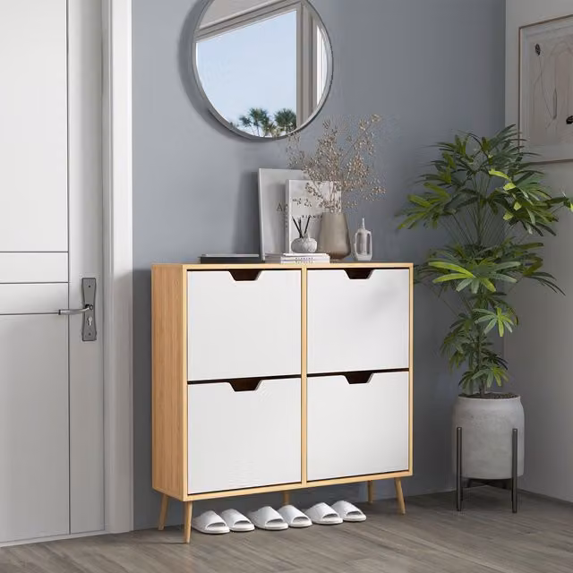 HOMCOM White Shoe Storage Cabinet with 4 Tilting Compartments for 16 Pairs of Shoes