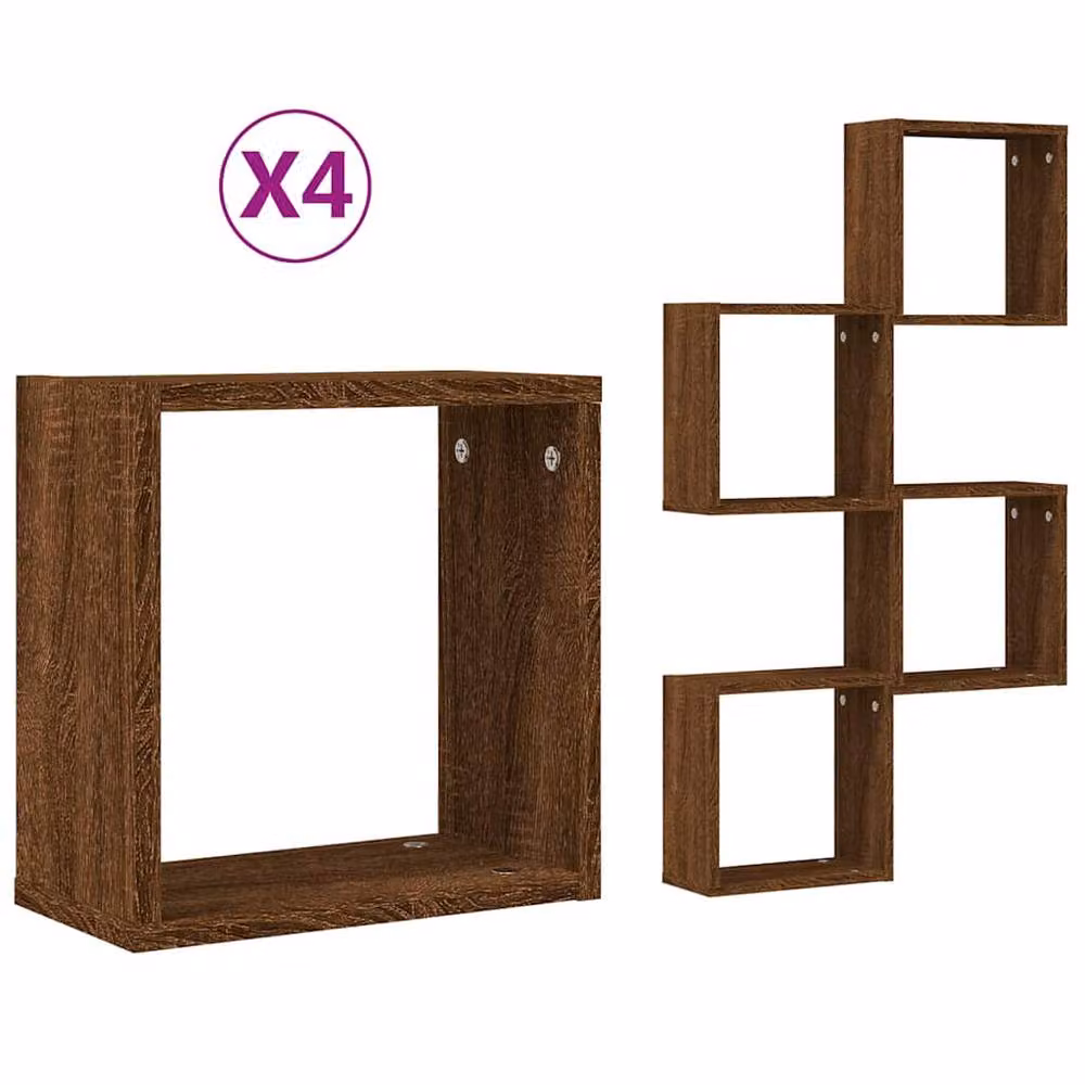 Berkfield Home Wall Mounted Cube Shelves, 4 Piece Set, Brown Oak, W/D/H: 30 x 15 x 30 cm – 3