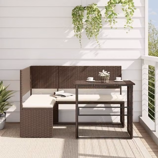 Berkfield Home L-Shaped Brown Poly Rattan Garden Sofa Set with Table and Cushions