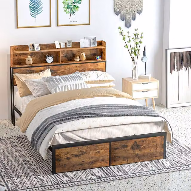 ERGOVEXA Industrial Double Bed Frame in Black and Brown, W/D/H: 141.5 x 207 x 119.5 cm – 1