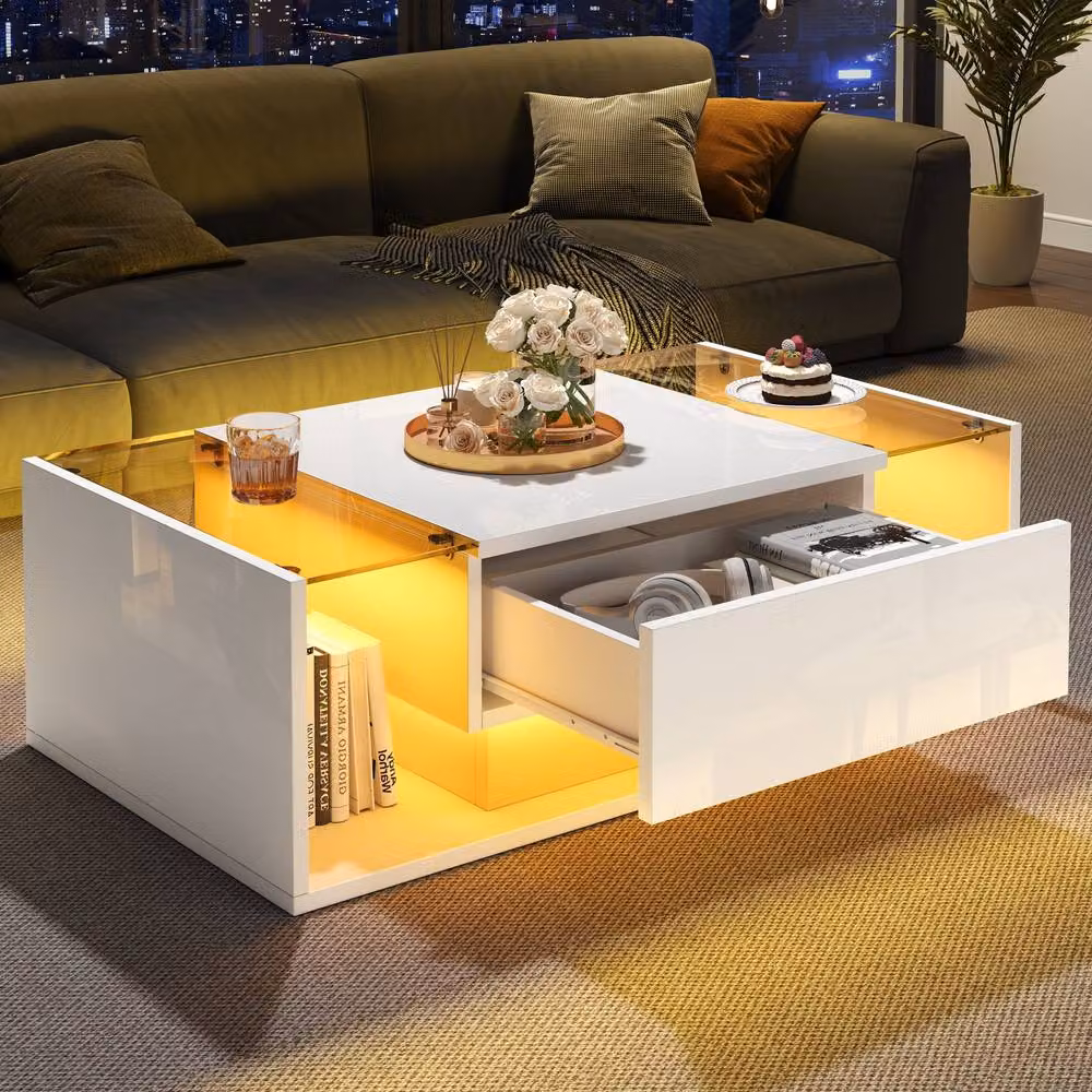 Merax White High Gloss LED Coffee Table with Drawer and Glass Top – 2