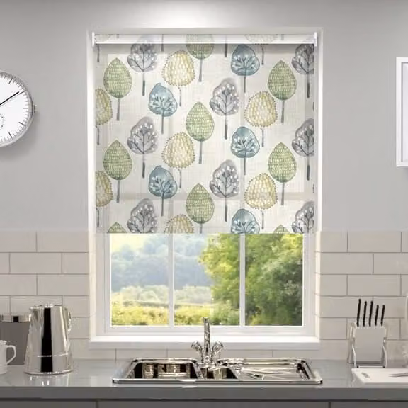 Terrys Made to Measure Floral Roller Blind in Nature Green and Grey Multicolour Polyester Semi-Transparent Fabric