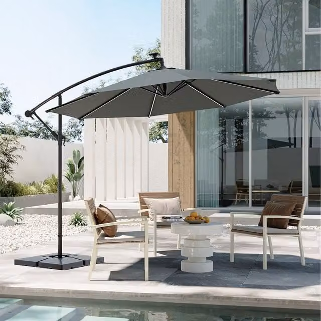 Komore Single-Topped Solar-Powered LED Cantilever Parasol in Grey Metal and Polyester