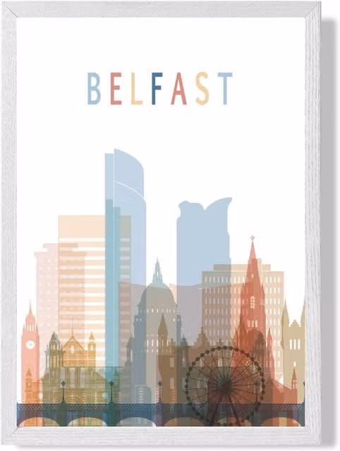 ARTZE Belfast Colourful City Skyline Framed Print, A4, White Frame, Pale Blue and Multicolour