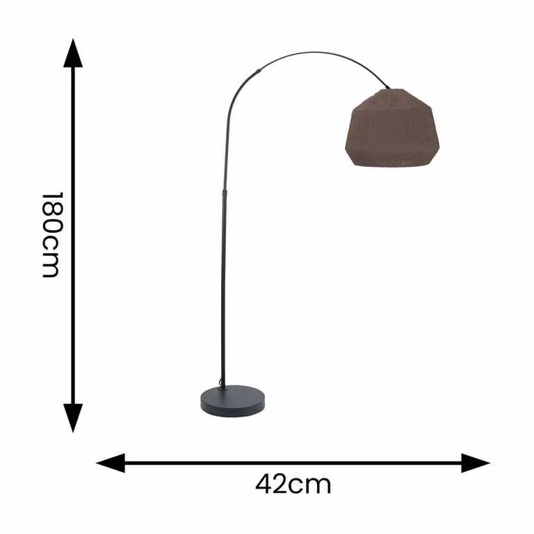 ValueLights Louis Black Arched Metal Floor Lamp with Brown Rattan Shade and Warm White LED Bulb