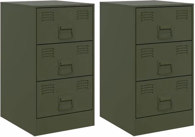 Berkfield Home Set of 2 Metal Bedside Cabinets in Matt Olive Green, W/D/H: 34.5 x 39 x 62 cm – 1