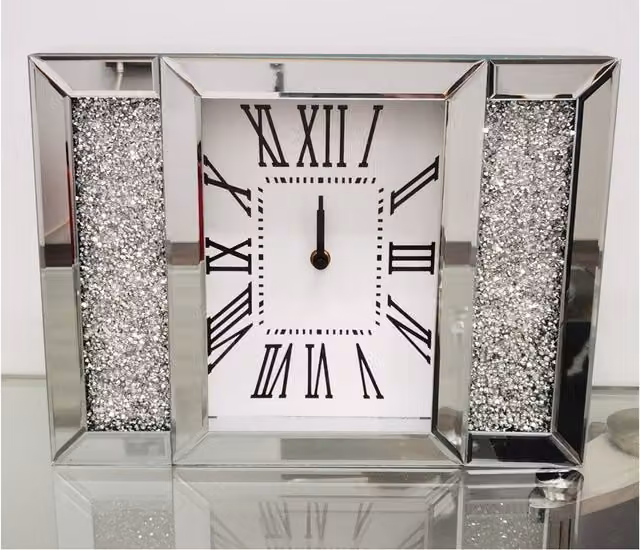 Biznest Silver Crushed Diamante Mirror Wall Clock with Quartz Analog Movement