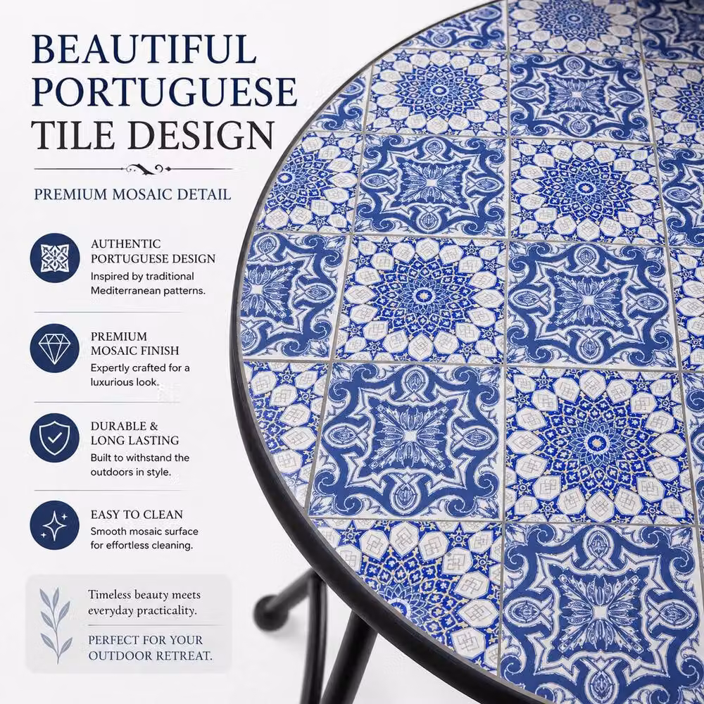 Shatchi Three Piece Mediterranean Mosaic Bistro Set with Blue Ceramic Round Table and Chairs – 2