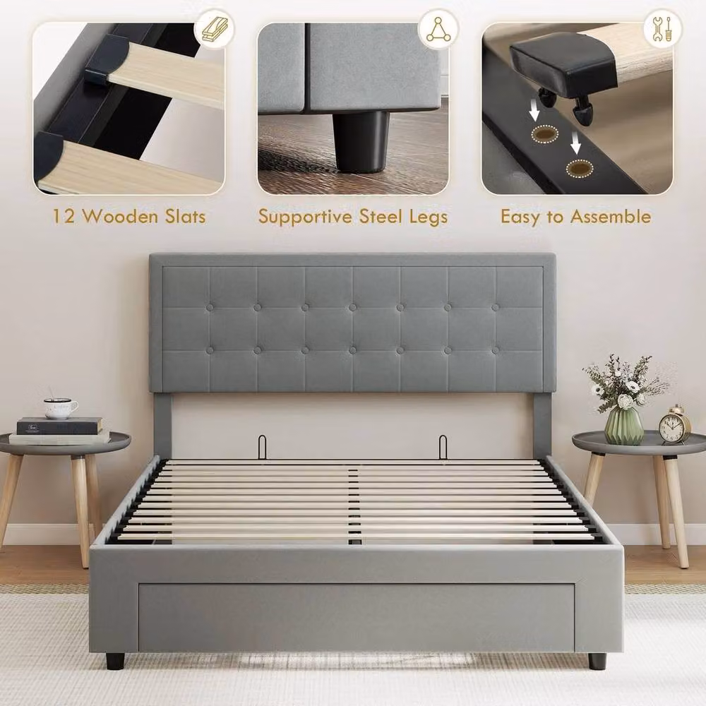 FORGEVIO Grey Velvet Double Bed Frame with Storage Drawers and Adjustable Headboard, W: 140 cm, D: 190 cm, H: 104 cm – 4
