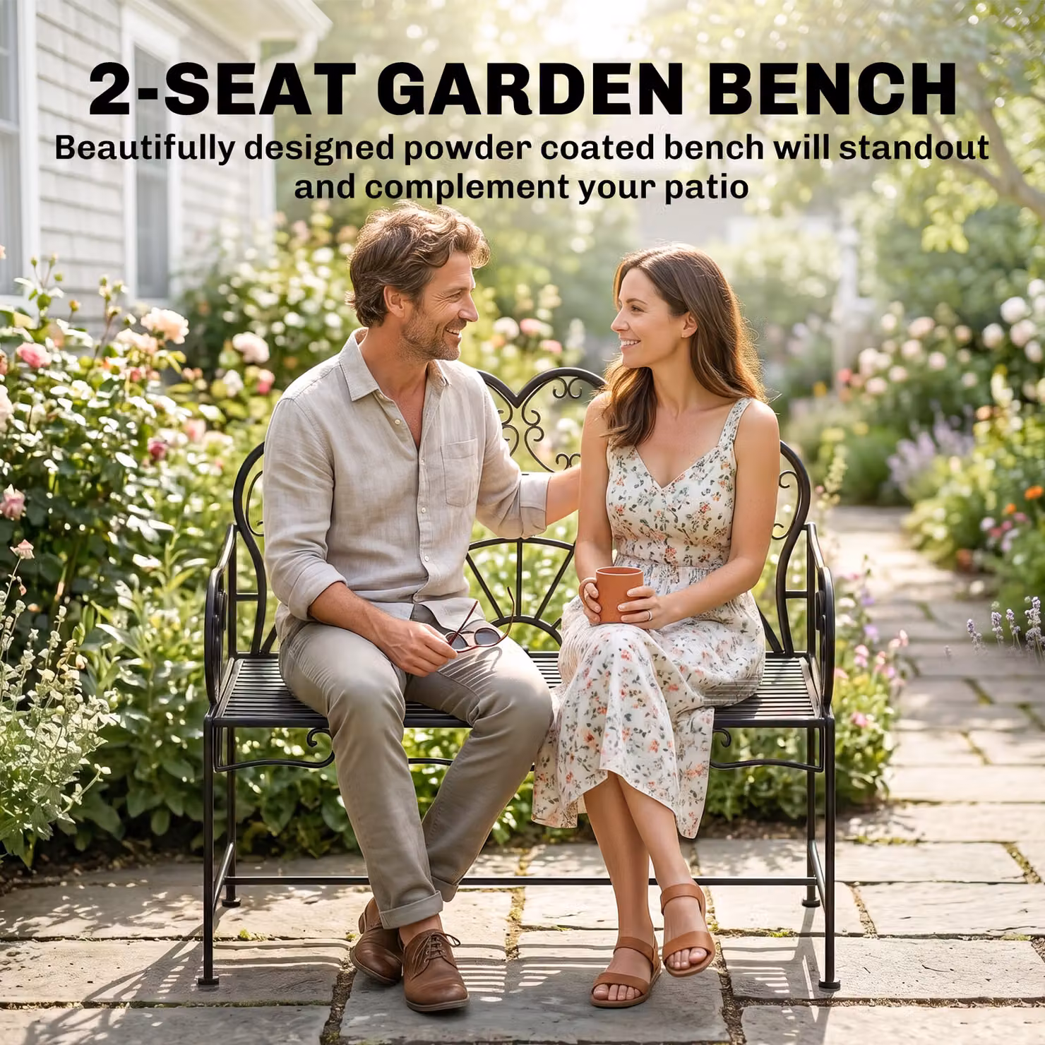 Outsunny Metal Garden Bench Loveseat with Slatted Seat in Matt Black – 4