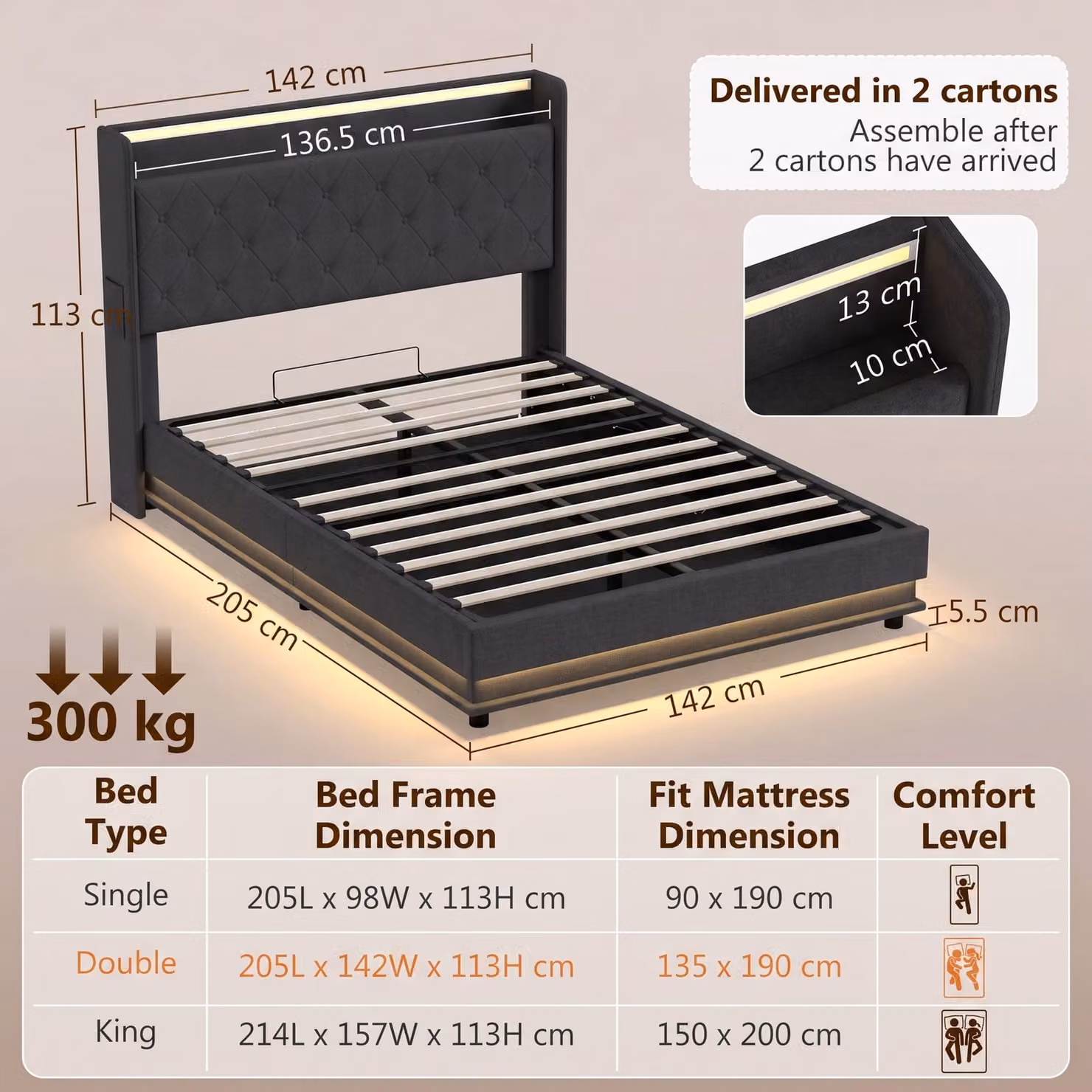HOMCOM Black Double Bed Frame with Headboard, Hydraulic Storage, LED Lights and USB Charging Station, 140 x 200 cm – 3