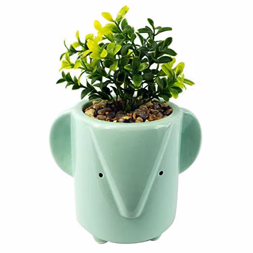 Leaf Blue Ceramic Elephant Planter with Artificial Foliage Plant, Height: 20 cm