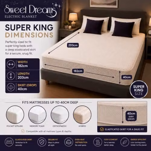 Sweet Dreams Superking Fleece Electric Heated Mattress Cover in White – 2